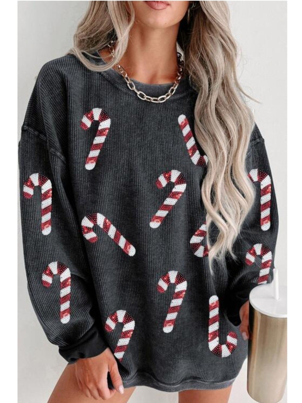 Women's Black Ribbed Candy Cane Crewneck Sweatshirt - Holiday Graphic Pullover